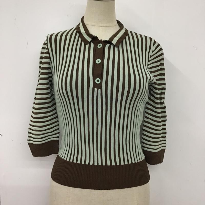 ザラ ZARA カットソー 七分袖 3471 126 054 ニットポロシャツ S ストライプ 茶 / ブラウン / X 薄緑 / ライトグリーン /  レディース USED 古着 中古 10104840