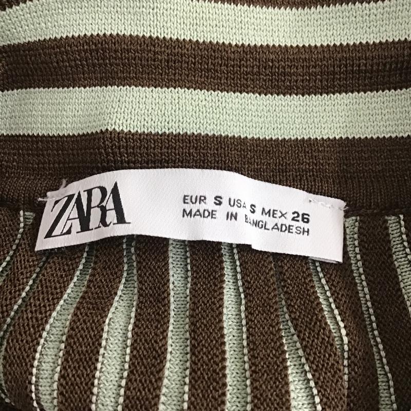 ザラ ZARA カットソー 七分袖 3471 126 054 ニットポロシャツ S ストライプ 茶 / ブラウン / X 薄緑 / ライトグリーン /  レディース USED 古着 中古 10104840