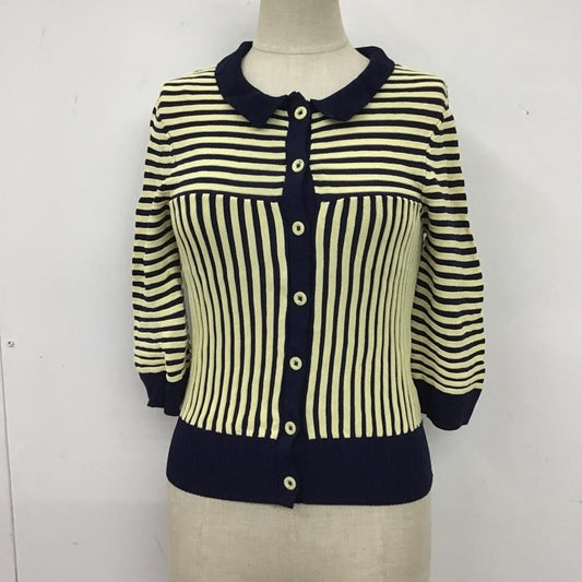 ザラ ZARA カーディガン 七分袖 3471 125 091 襟付き S ストライプ 紺 / ネイビー / X 黄 / イエロー /  レディース USED 古着 中古 10104842