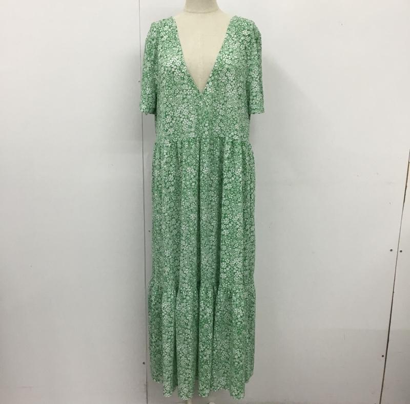 ザラ ZARA ワンピース ロングスカート 1165 190 500 Vネック 半袖 M 花柄 緑 / グリーン / X 白 / ホワイト /  レディース USED 古着 中古 10104887