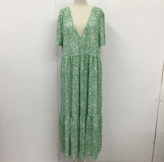 ザラ ZARA ワンピース ロングスカート 1165 190 500 Vネック 半袖 M 花柄 緑 / グリーン / X 白 / ホワイト /  レディース USED 古着 中古 10104887