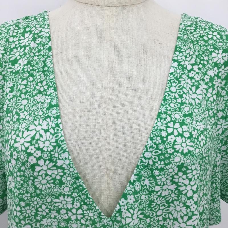 ザラ ZARA ワンピース ロングスカート 1165 190 500 Vネック 半袖 M 花柄 緑 / グリーン / X 白 / ホワイト /  レディース USED 古着 中古 10104887