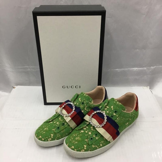 グッチ GUCCI スニーカー スニーカー 498705 レース トリコロールリボン ビシュー 37.5 箱有 ロゴ、文字 緑 / グリーン /  レディース USED 古着 中古 10105464