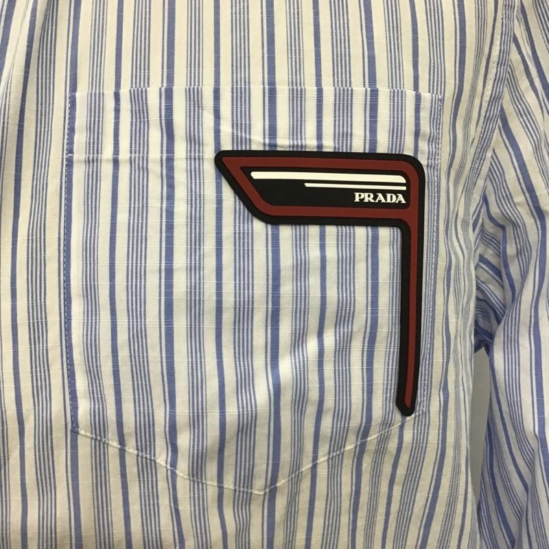 プラダ PRADA シャツ、ブラウス 長袖 ACU1 2018 3652 ストライプ バックプリント 37 ロゴ、文字 白 / ホワイト / X 水色 / ライトブルー /  メンズ USED 古着 中古 10105490