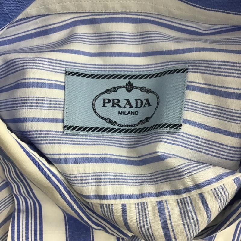 プラダ PRADA シャツ、ブラウス 長袖 ACU1 2018 3652 ストライプ バックプリント 37 ロゴ、文字 白 / ホワイト / X 水色 / ライトブルー /  メンズ USED 古着 中古 10105490
