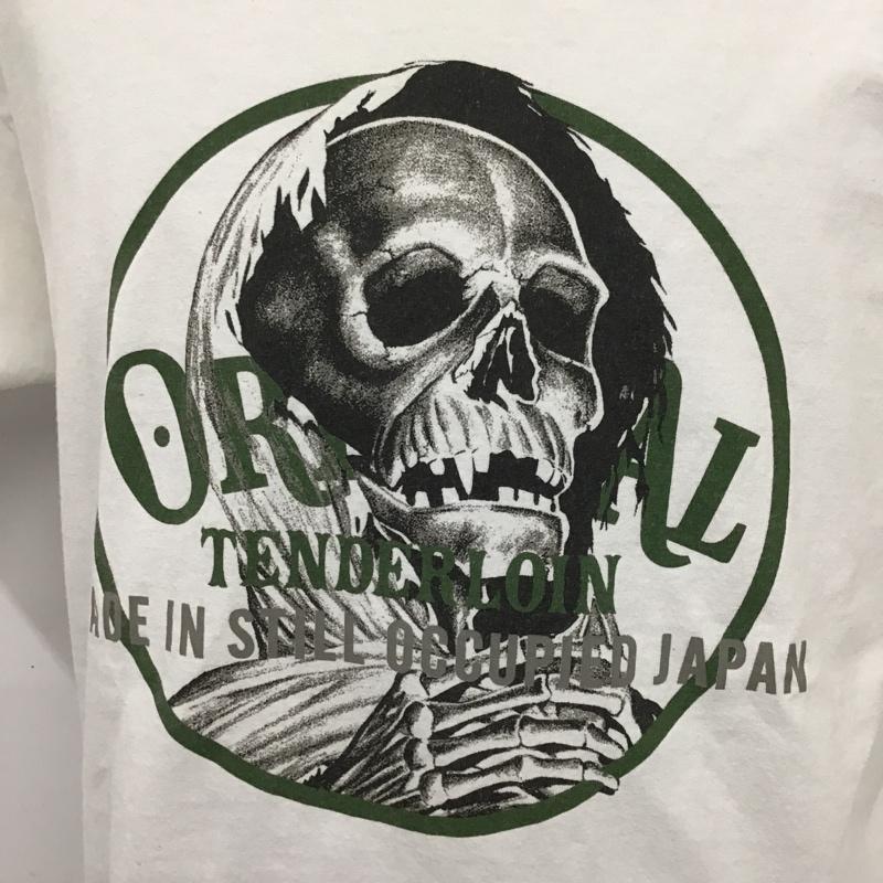 テンダーロイン TENDERLOIN Tシャツ 半袖 クルーネック ドクロ スカル プリント PRO CLUB L ロゴ、文字 白 / ホワイト / X カーキ / カーキ /  メンズ USED 古着 中古 10105512